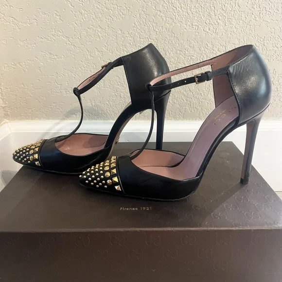 Gucci Malaga Kid Nero Black and Gold Studded T-Strap Heels - Picture 3 of 16